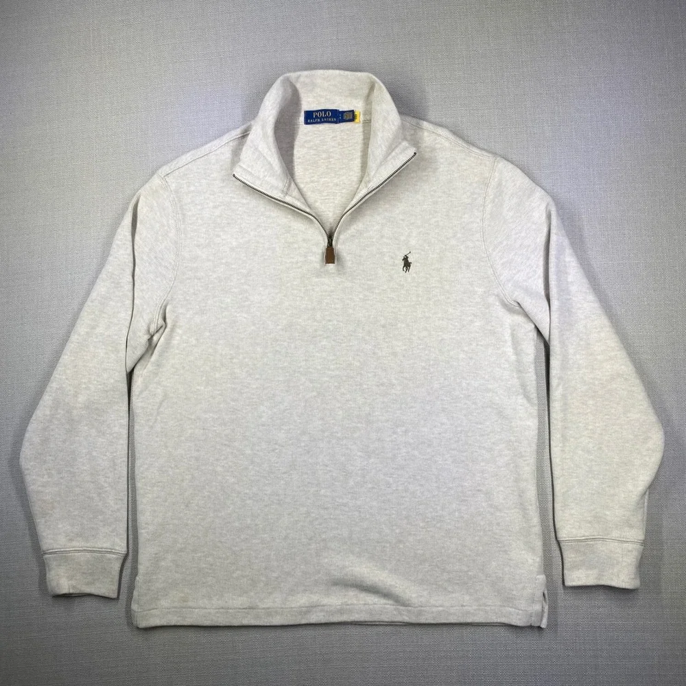 Polo Ralph Lauren Mens Large 1/4 Zip Cotton Ribbed Pullover Oatmeal Heather